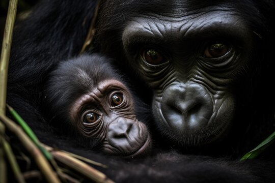 A Gorilla Mother Cradling Her Baby