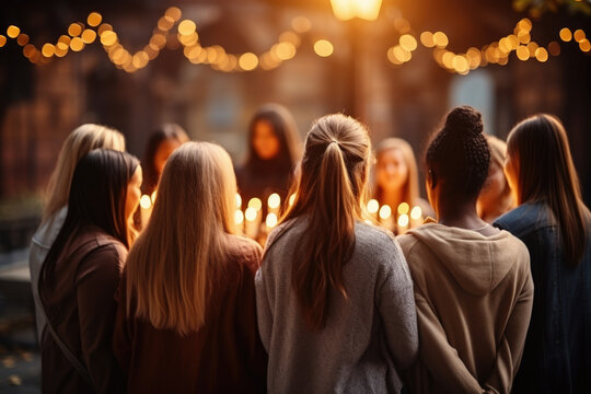 Group Of Diverse Young Women Hugging And Supporting Each Other Symbolizing Unity, Back View