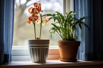 two flower pots oriented towards each other on a windowsill