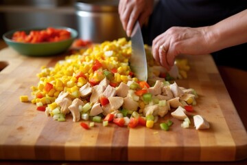 slicing chunks of chicken to add into corn chowder - obrazy, fototapety, plakaty