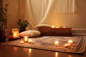meditation mats and candles in a peaceful room - obrazy, fototapety, plakaty