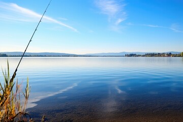 a fishing rod and catch by a calming lake - obrazy, fototapety, plakaty