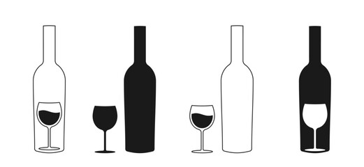 Wine bottle with wine glass icon or silhouette. Alcohol symbol. Vector illustration.	
