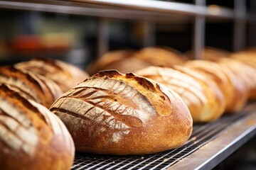 close-up of a bakers fresh loaves in a bakery - obrazy, fototapety, plakaty