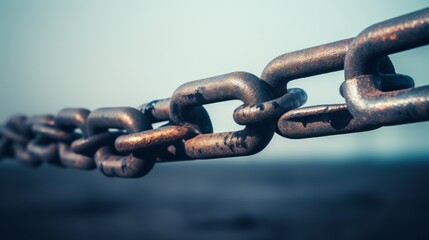 Vintage anchor vessel part anchored to dock. Closeup of chain link connected to heavy rusty anchor. Industrial, maritime setting with blue sea in background. Harbor and steel equipment.