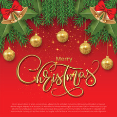 Fototapeta na wymiar Merry christmas template vector with gold glitter christmas ball and jingle bell