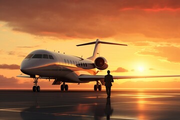 Fototapeta na wymiar Private Airplane at sunset Background