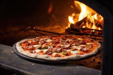 a pizza baking in a wood-fired stove