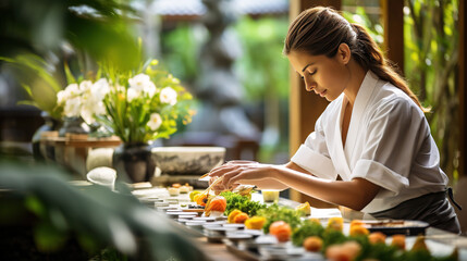 A Chef Woman Skillfully Preparing Sushi in a Tranquil