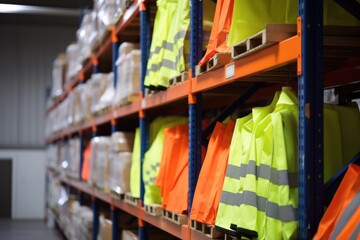 bright safety vests stacked on a shelf in a warehouse