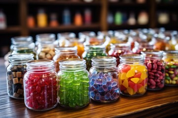 assorted colorful candy in glass jars