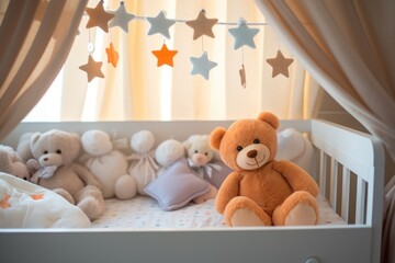 a baby-cot adorned with soft toys and mobile