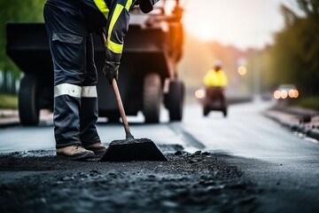 Male worker lays asphalt Road Repair Road Paving - obrazy, fototapety, plakaty