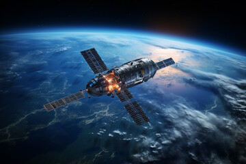 Obraz premium Communication satellite gracefully orbiting Earth, tirelessly connecting the world. Ai generated