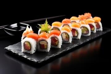 sushi rolls on black slate with chopsticks