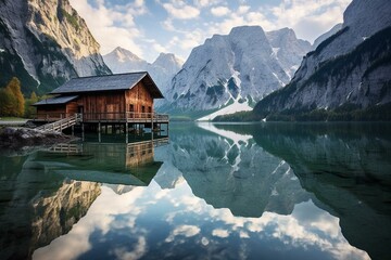 Mountain landscape in Austria's Oberösterreich region featuring the picturesque Gosau lakes and Dachstein mountain range. Generative AI