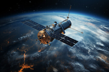 Communication satellite gracefully orbiting Earth, tirelessly connecting the world. Ai generated