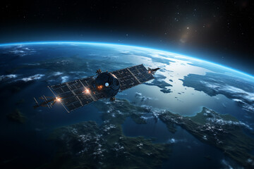 Communication satellite gracefully orbiting Earth, tirelessly connecting the world. Ai generated
