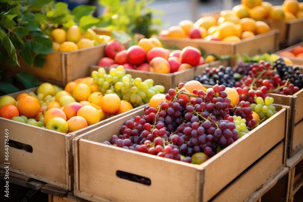 Sticker wooden boxes full of various freshly picked fruit