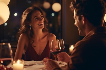 Couple On A Candle Light Dinner Table Smiling and Looking to Each Other With Glass of Wine - obrazy, fototapety, plakaty