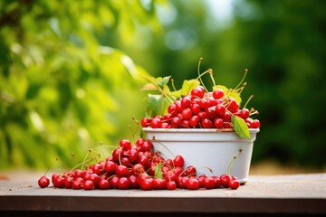 a bowl filled with freshly picked cherries