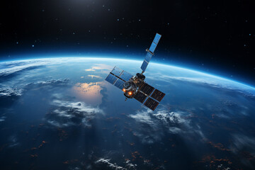 Communication satellite gracefully orbiting Earth, tirelessly connecting the world. Ai generated