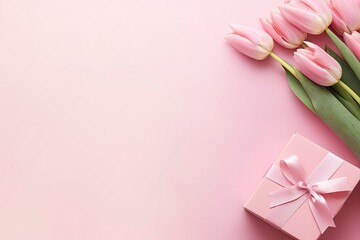 Mother's Day concept. Pink gift box with ribbon bow and a bouquet of tulips.