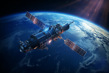 Communication satellite gracefully orbiting Earth, tirelessly connecting the world. Ai generated - obrazy, fototapety, plakaty
