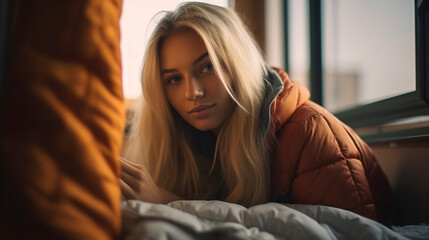 young blonde and pretty student girl lying on the bed.Generative AI