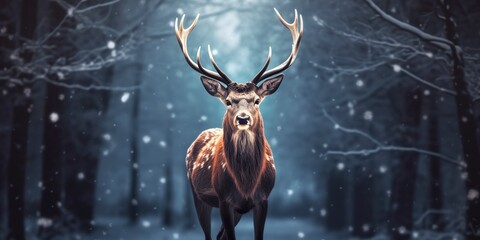 Noble deer male in the winter snow forest. Artistic winter Christmas landscape.