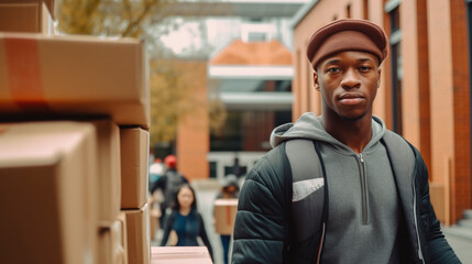 Obraz premium A young man of modern color walks next to some cardboard boxes at the university. Generative AI.