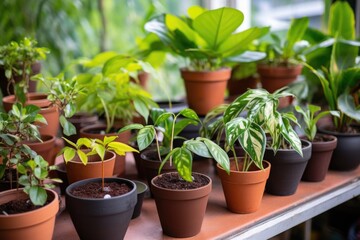 potted plants grouped around a sapling