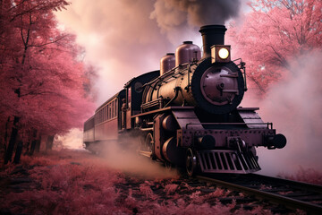Naklejka premium Vintage locomotive train, its engine chimney emitting a dreamy plume of pink smoke, evoking the retro nostalgia. Ai generated