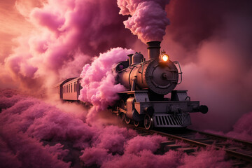 Vintage locomotive train, its engine chimney emitting a dreamy plume of pink smoke, evoking the retro nostalgia. Ai generated - obrazy, fototapety, plakaty