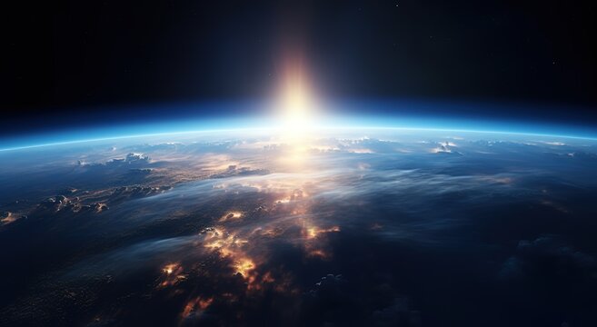photo of the earth's surface from space and the bright rays above it. Generative AI