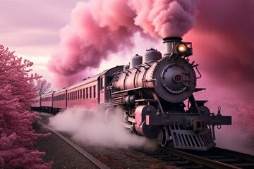 Naklejka premium Vintage locomotive train, its engine chimney emitting a dreamy plume of pink smoke, evoking the retro nostalgia. Ai generated