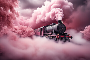 Vintage locomotive train, its engine chimney emitting a dreamy plume of pink smoke, evoking the retro nostalgia. Ai generated