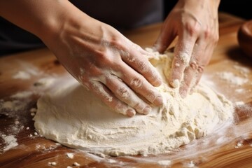 Obraz na płótnie Canvas using a hand to mix dough for sourdough bread