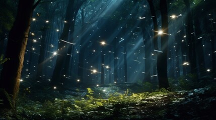 Fireflies in a moonlit forest, creating a mesmerizing display of natural light.