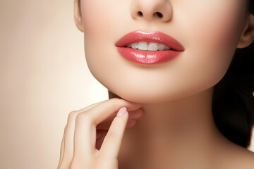 Fototapeta na wymiar smile beautiful woman lipstick model with charming lips isolated cream background, selective focus, her hands touching lips, glowing face