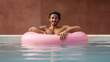 Foto auf Alu-Dibond happy man sitting in a pink float in a pool © fraudiana