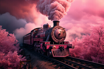 Vintage locomotive train, its engine chimney emitting a dreamy plume of pink smoke, evoking the retro nostalgia. Ai generated - obrazy, fototapety, plakaty