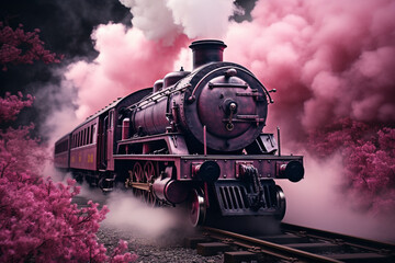 Fototapeta premium Vintage locomotive train, its engine chimney emitting a dreamy plume of pink smoke, evoking the retro nostalgia. Ai generated