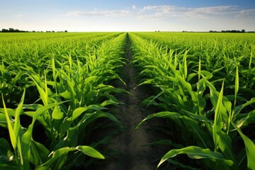 parallel rows of mature corn plants in a field