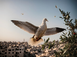 A dove and olive branch flying over conflict lands
