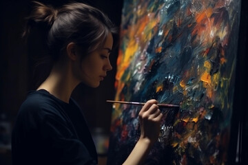 Fototapeta premium Woman artist working on painting with brush and variant acrylic color. Female artist painter on canvas in creative studio as art concept. Generative Ai.