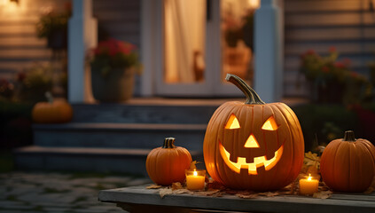 carved halloween pumpkins on a porch in front of a house
