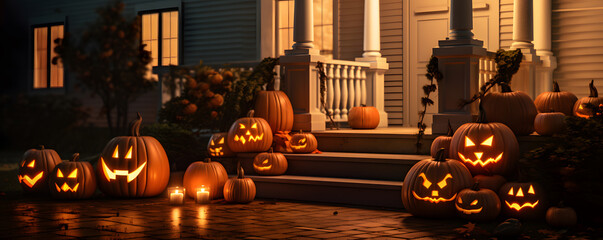 Obraz premium carved halloween pumpkins on a porch in front of a house