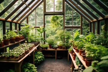 a small greenhouse filled with lush green plants