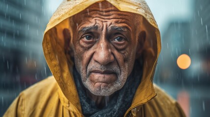 A cheerful senior man wears a raincoat, finding joy in the rain.